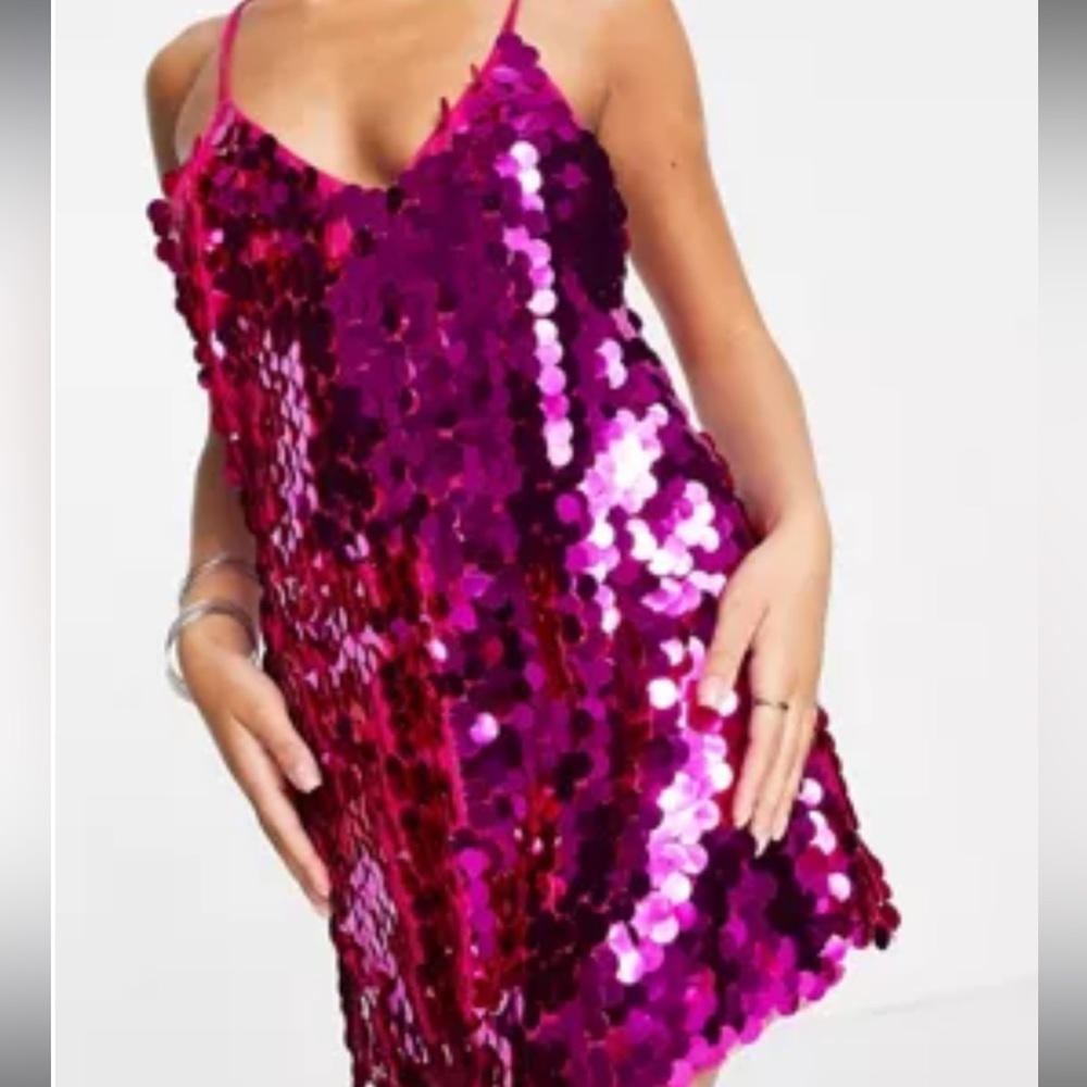 Brand New Never Worn ASOS DESIGN sequin strappy mini dress in hot pink